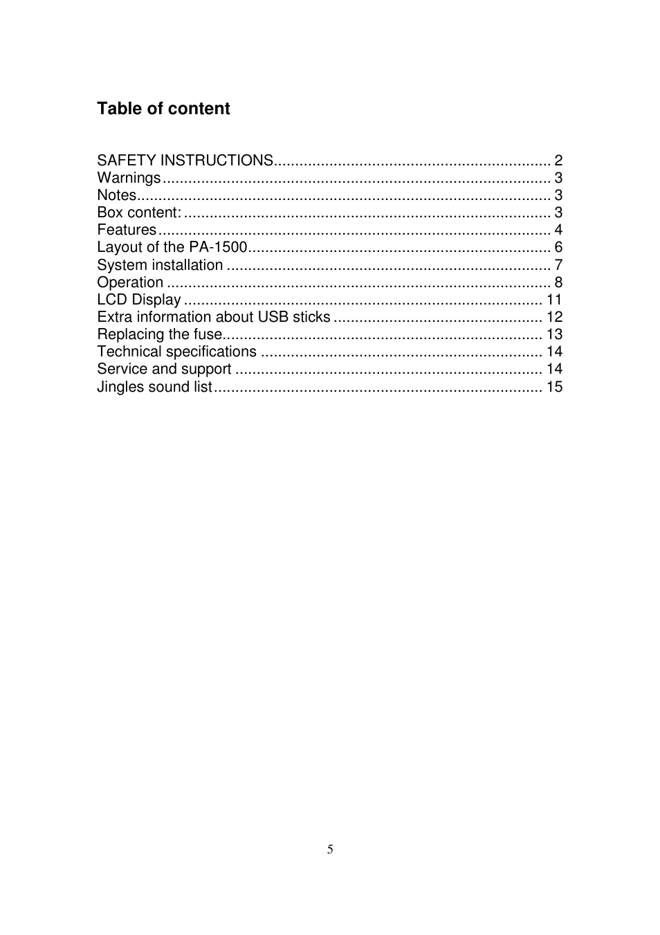 Table of content | Lenco PA-1500 User Manual | Page 5 / 16