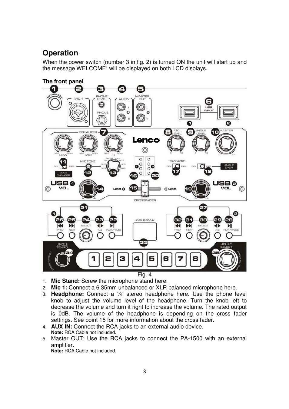 Operation | Lenco PA-1500 User Manual | Page 8 / 16