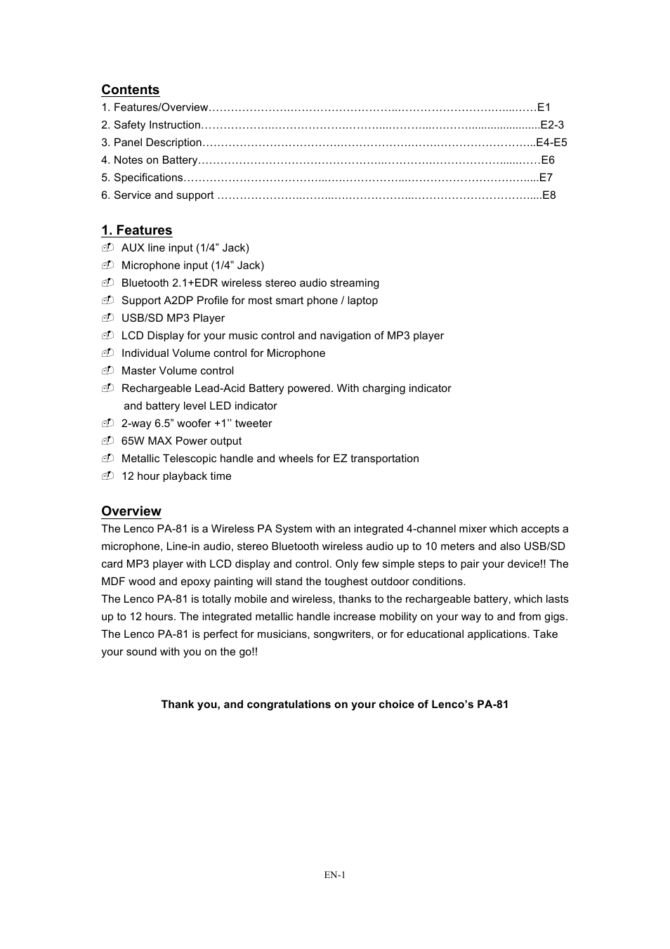 Lenco PA-81 User Manual | Page 2 / 9
