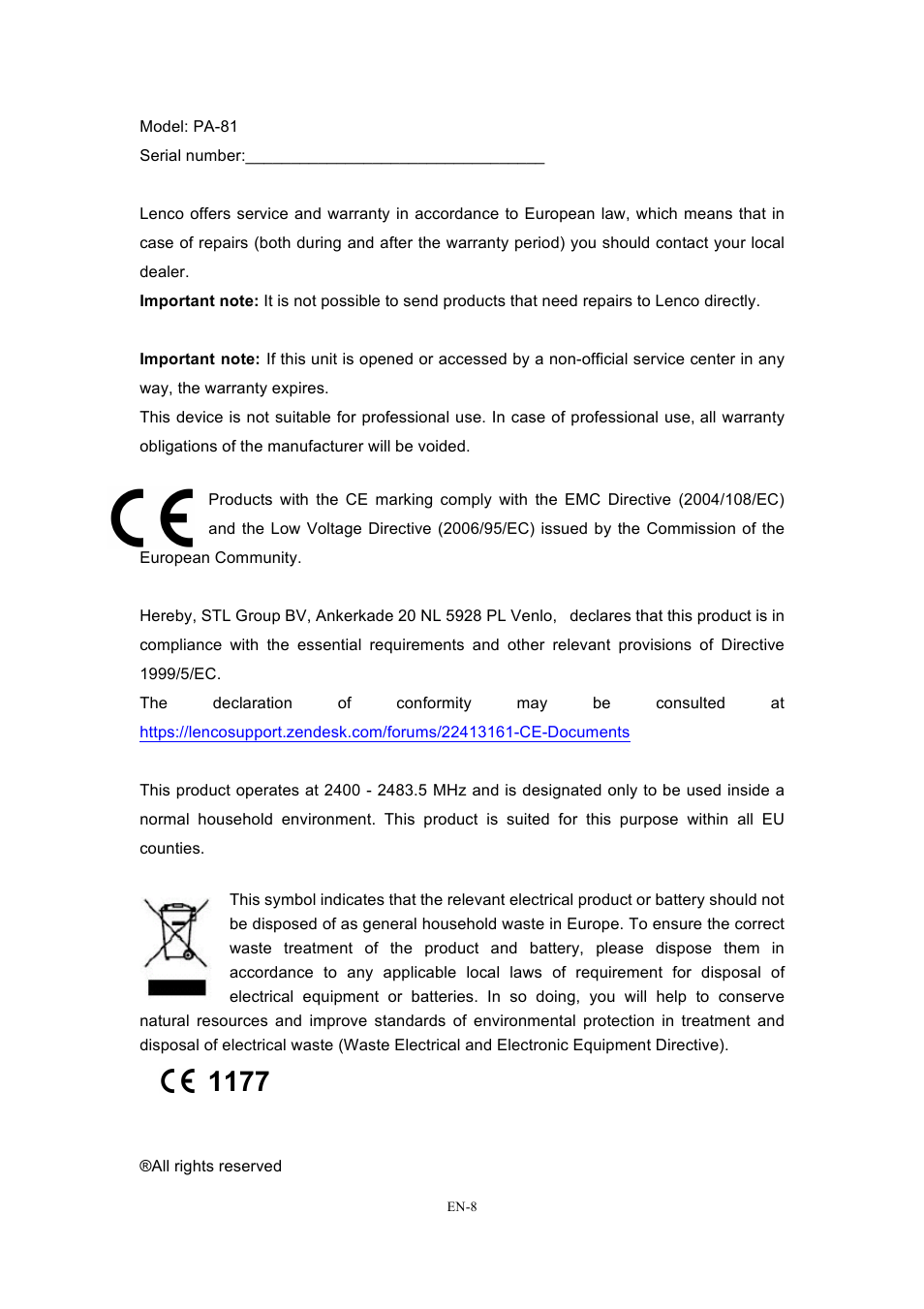 Lenco PA-81 User Manual | Page 9 / 9