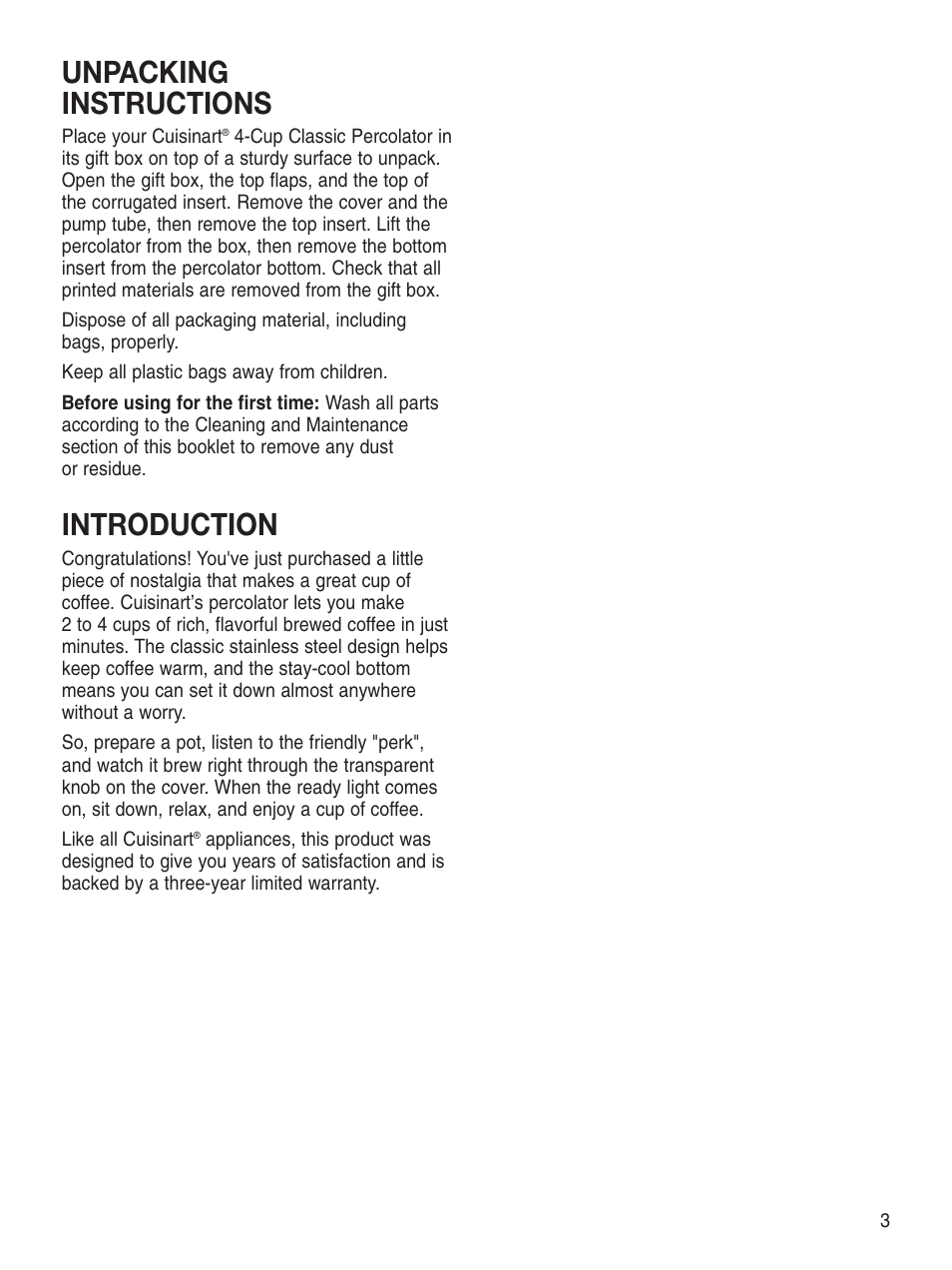 Unpacking instructions, Introduction | Cuisinart PRC-4 User Manual | Page 3 / 9