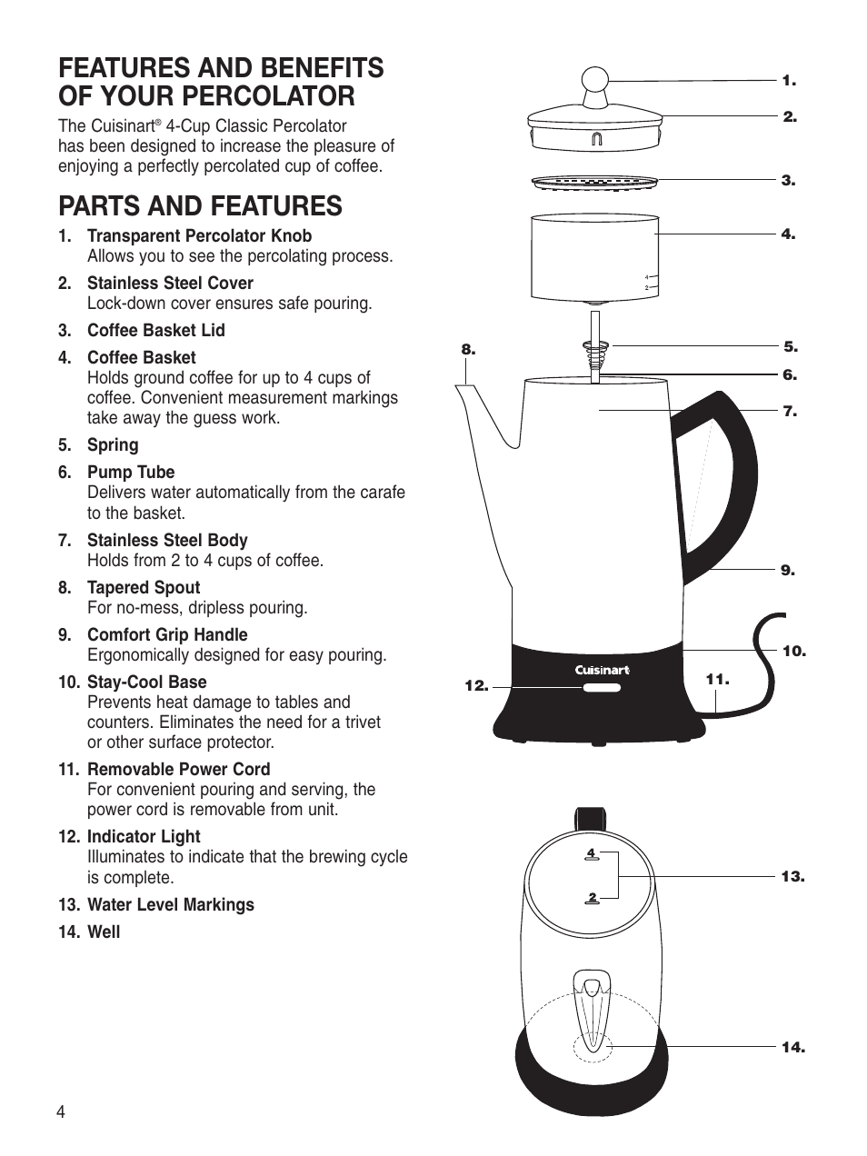 Features and benefits of your percolator, Parts and features | Cuisinart PRC-4 User Manual | Page 4 / 9