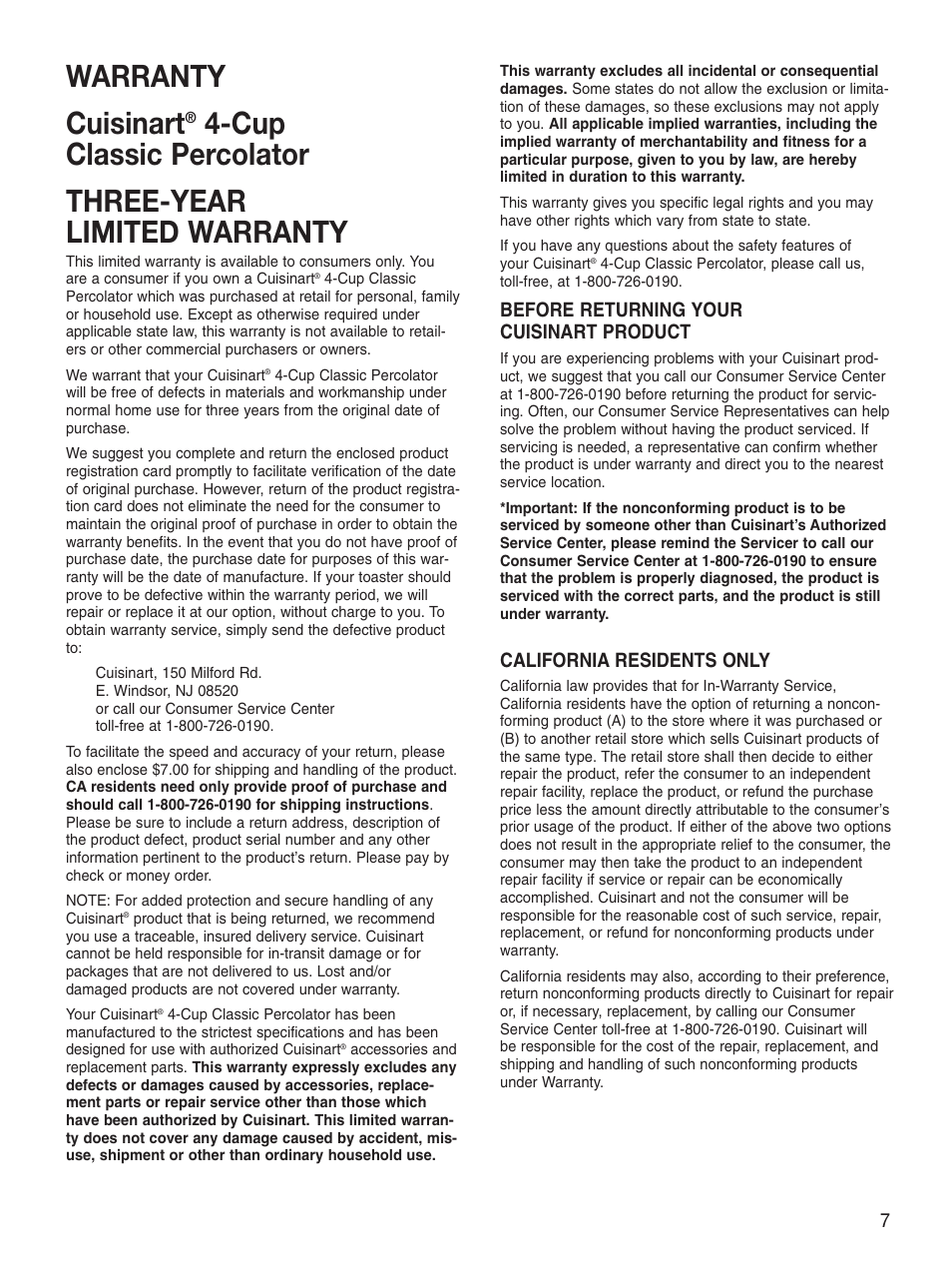 Warranty cuisinart, Cup classic percolator three-year limited warranty | Cuisinart PRC-4 User Manual | Page 7 / 9