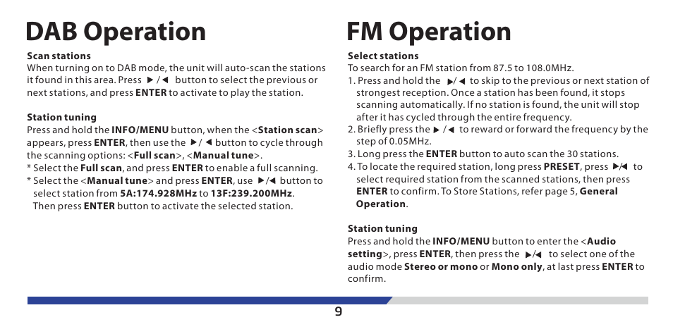 Dab operation, Fm operation | Lenco PDR-03 User Manual | Page 10 / 69