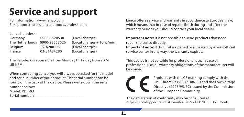 Service and support | Lenco PDR-03 User Manual | Page 12 / 69