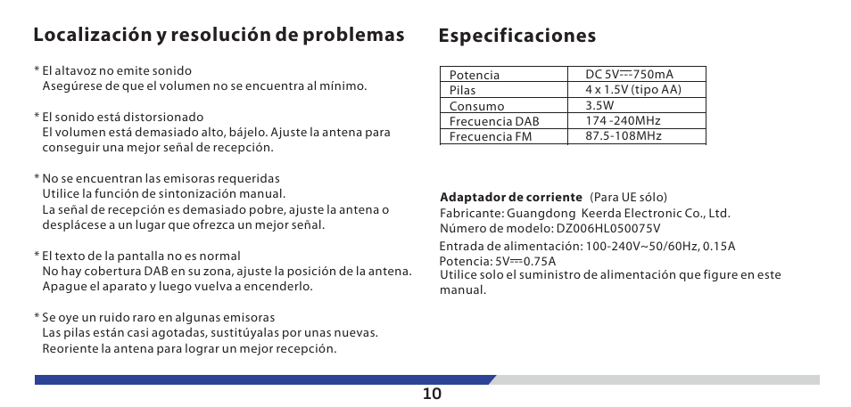 Localización y resolución de problemas, Especificaciones | Lenco PDR-03 User Manual | Page 38 / 69