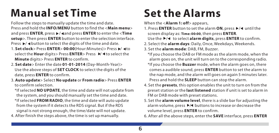 Manual set time, Set the alarms | Lenco PDR-03 User Manual | Page 7 / 69