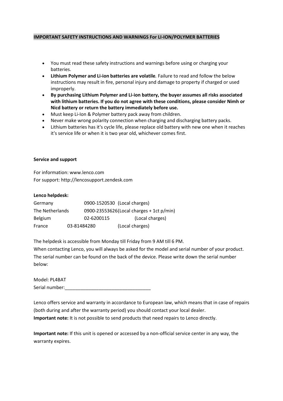 Lenco PL4BAT User Manual | 2 pages