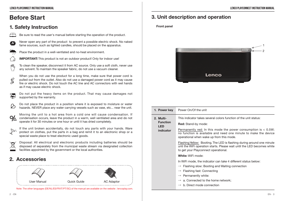 Before start, Safety instruction 2. accessories, Unit description and operation | Lenco Playconnect User Manual | Page 3 / 10