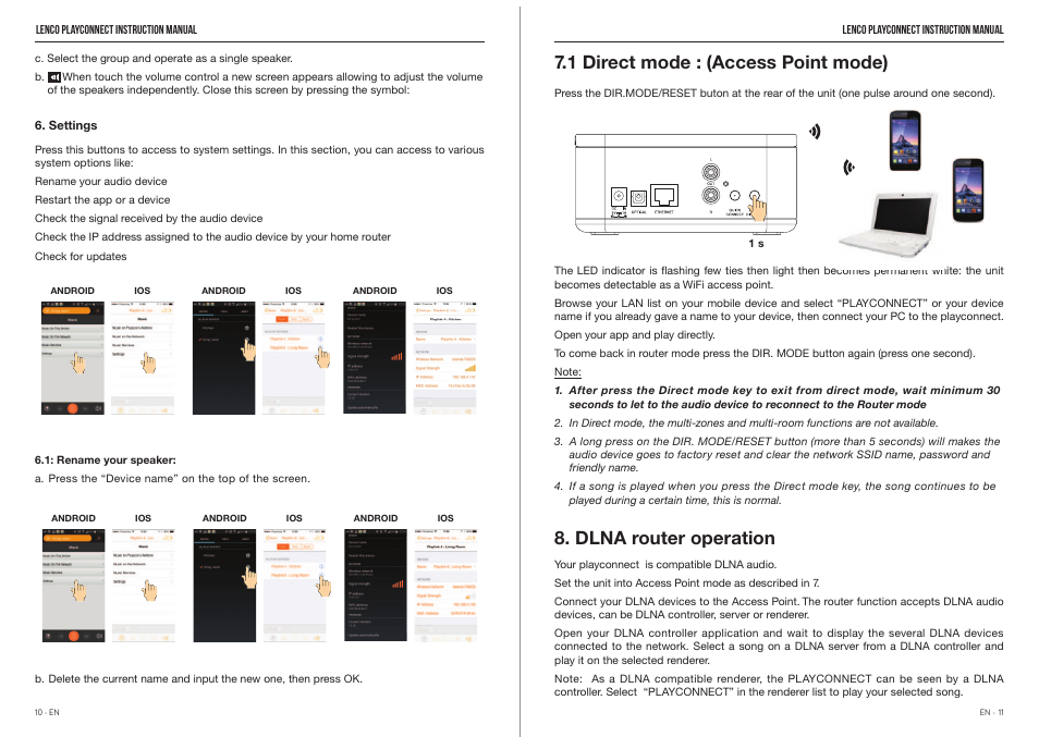 1 direct mode : (access point mode), Dlna router operation | Lenco Playconnect User Manual | Page 7 / 10