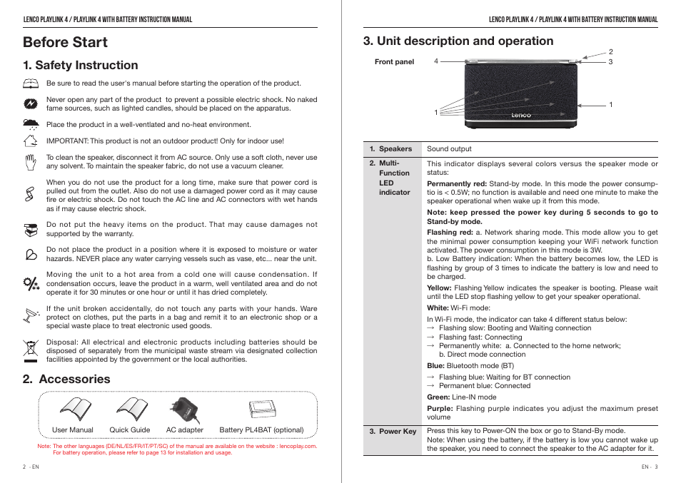 Before start, Safety instruction 2. accessories, Unit description and operation | Lenco Playlink-4 User Manual | Page 2 / 9