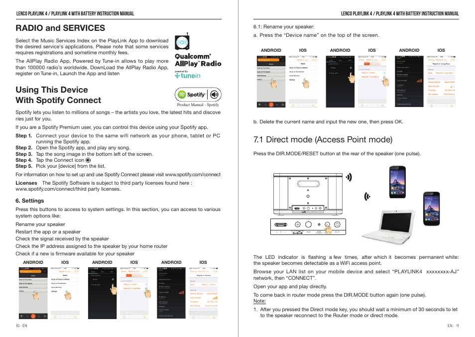Radio and services, Using☀this☀device with spotify connect, 1 direct mode (access point mode) | Lenco Playlink-4 User Manual | Page 6 / 9