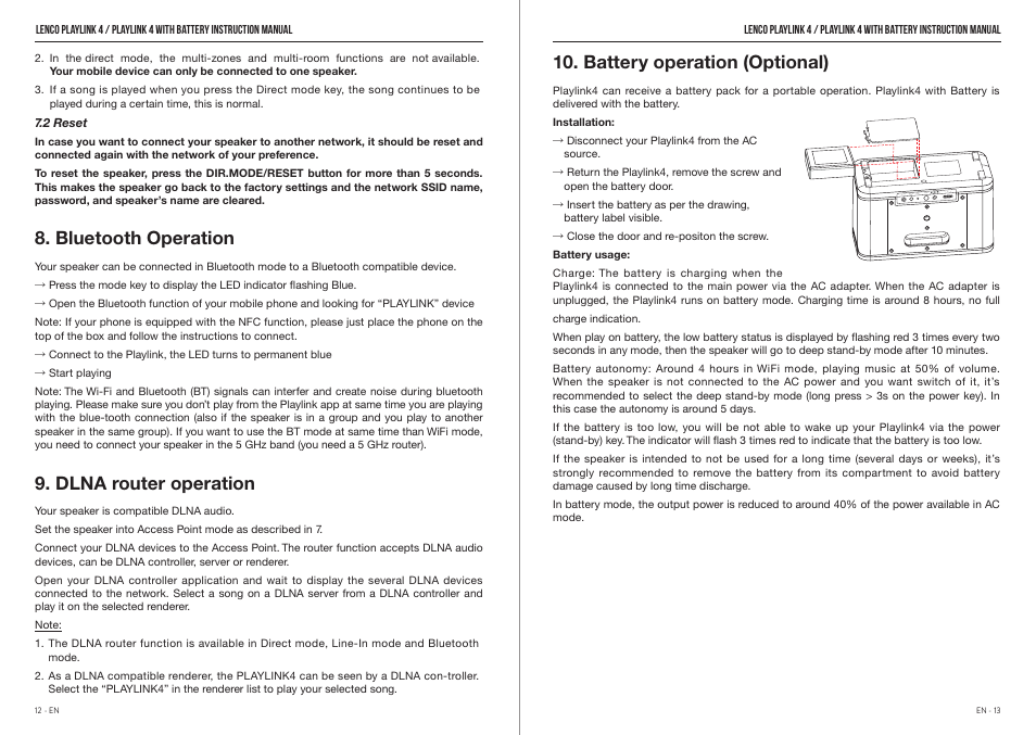 Bluetooth operation, Dlna router operation, Battery operation (optional) | Lenco Playlink-4 User Manual | Page 7 / 9