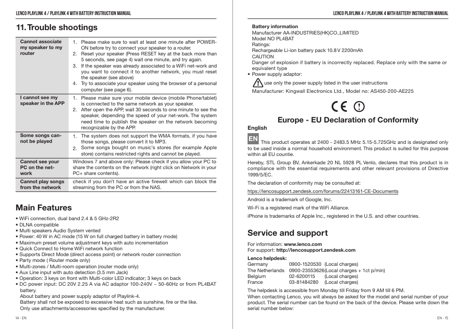 Trouble shootings, Main features, Service and support | Europe - eu declaration of conformity | Lenco Playlink-4 User Manual | Page 8 / 9