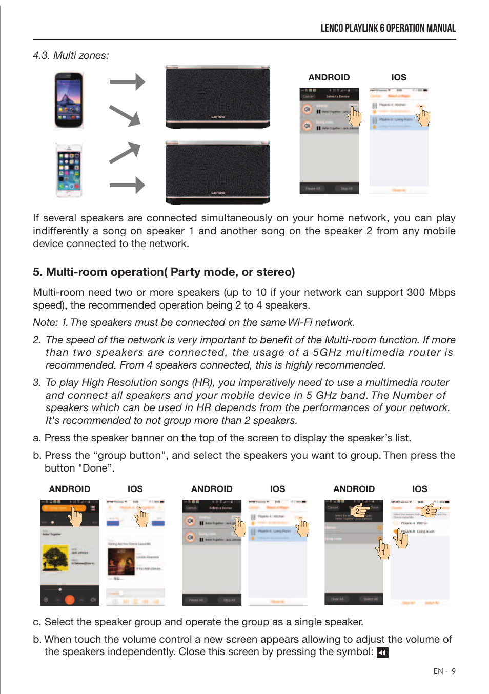 Lenco playlink 6 operation manual, Multi-room operation( party mode, or stereo) | Lenco Playlink-6 User Manual | Page 10 / 17