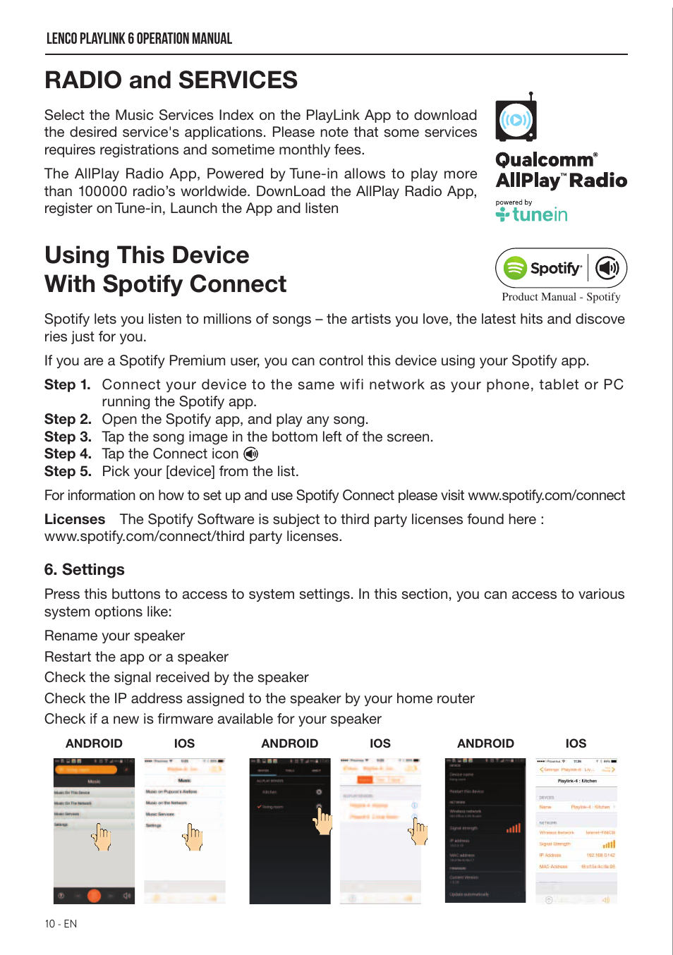 Radio and services, Using☀this☀device with spotify connect | Lenco Playlink-6 User Manual | Page 11 / 17