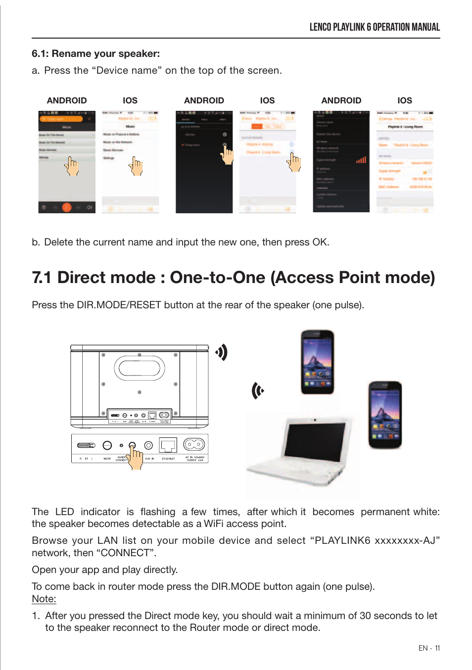 1 direct mode : one-to-one (access point mode), Lenco playlink 6 operation manual | Lenco Playlink-6 User Manual | Page 12 / 17