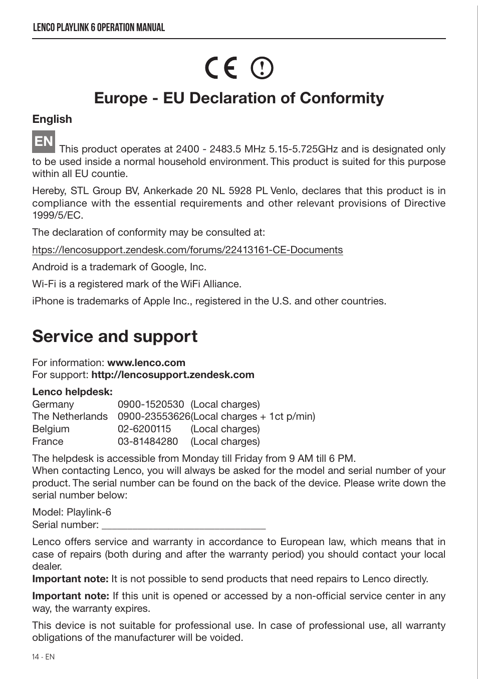 Service and support, Europe - eu declaration of conformity | Lenco Playlink-6 User Manual | Page 15 / 17