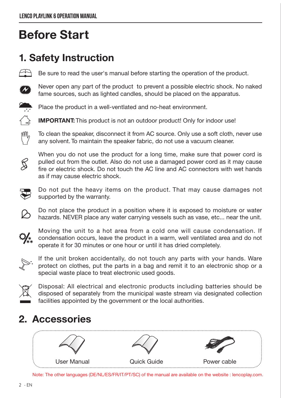 Before start, Safety instruction 2. accessories | Lenco Playlink-6 User Manual | Page 3 / 17