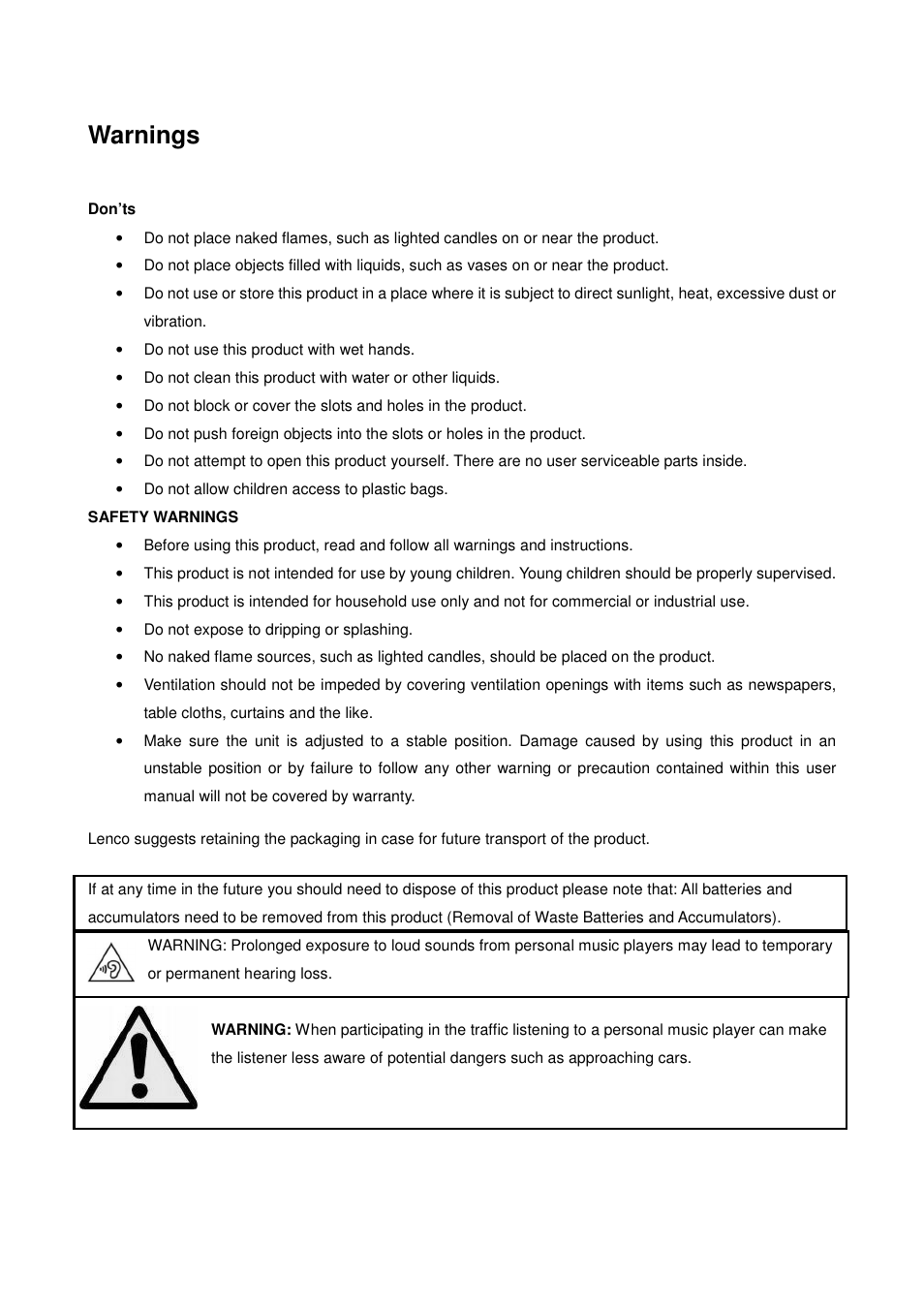 Warnings | Lenco PODO-151 User Manual | Page 2 / 25