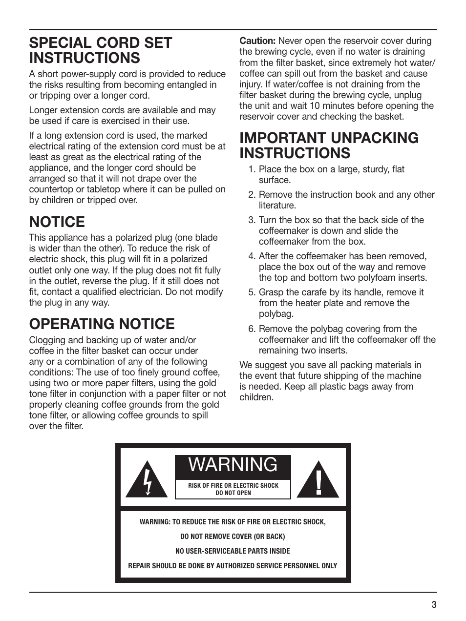 Warning, Special cord set instructions, Notice | Operating notice, Important unpacking instructions | Cuisinart IB-7294 User Manual | Page 3 / 13