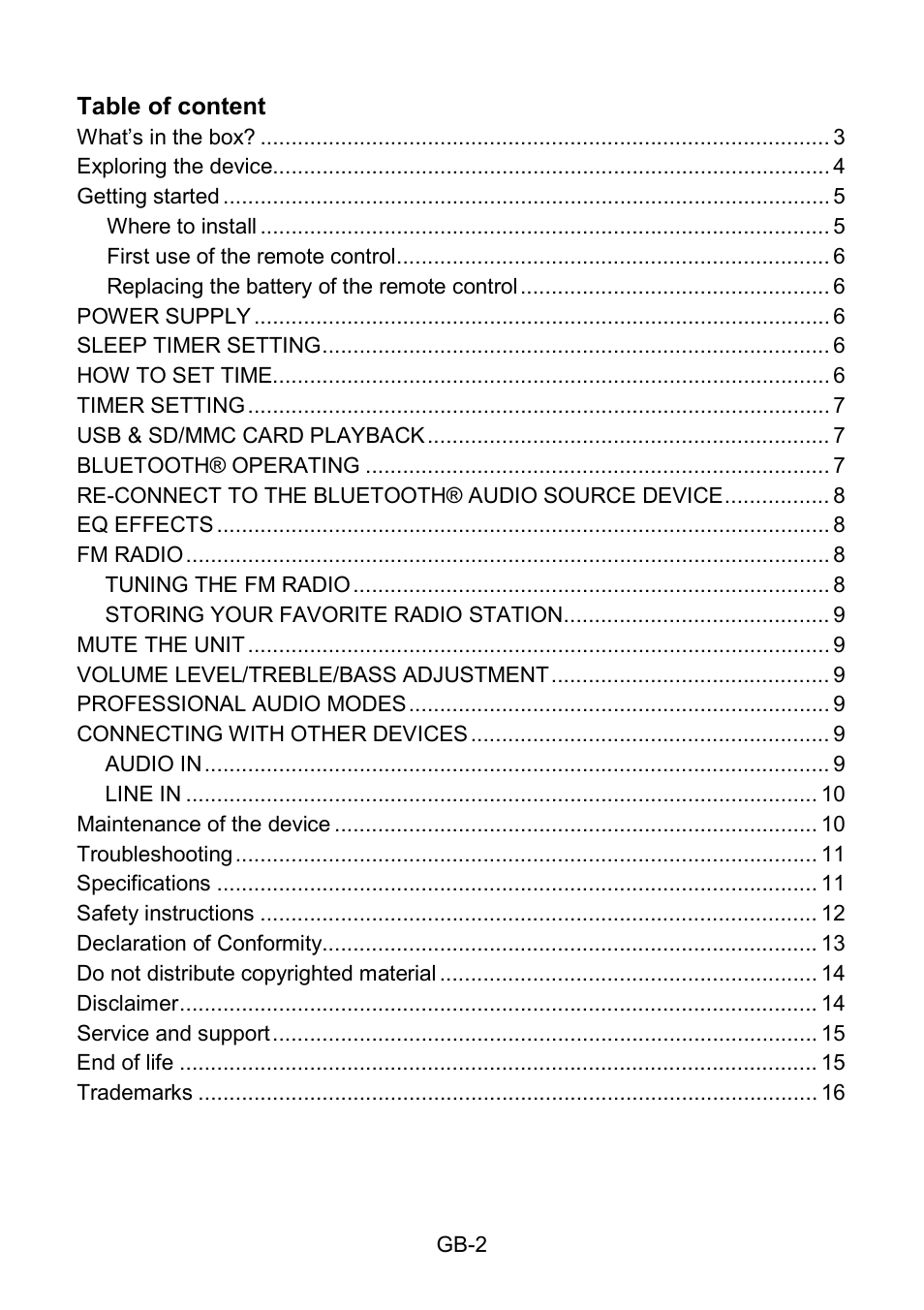 Table of content | Lenco SB-210BT User Manual | Page 2 / 16