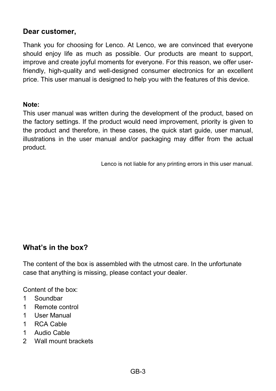 What’s in the box | Lenco SB-210BT User Manual | Page 3 / 16