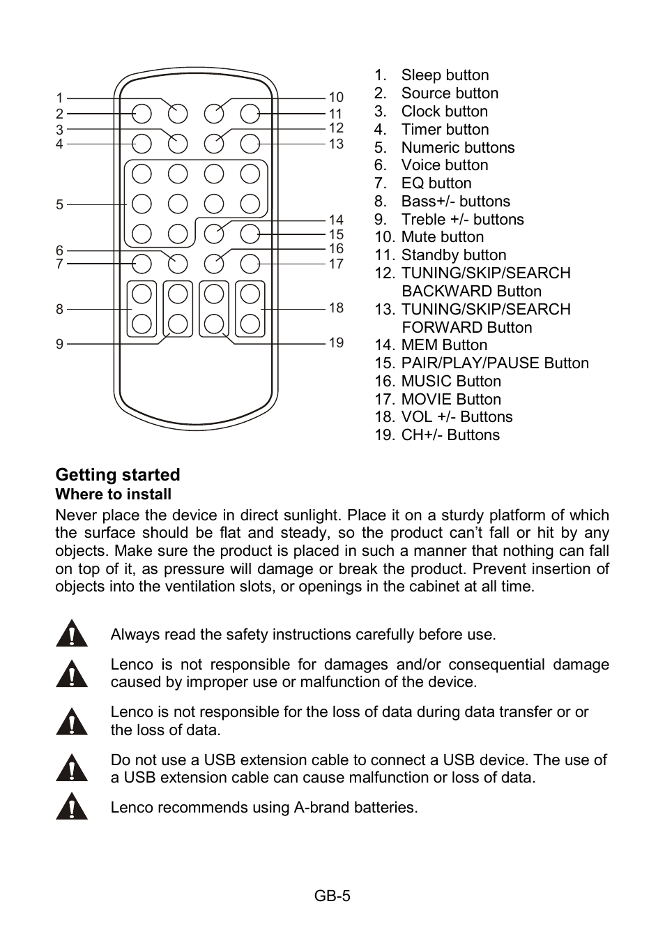 Getting started, Where to install | Lenco SB-210BT User Manual | Page 5 / 16