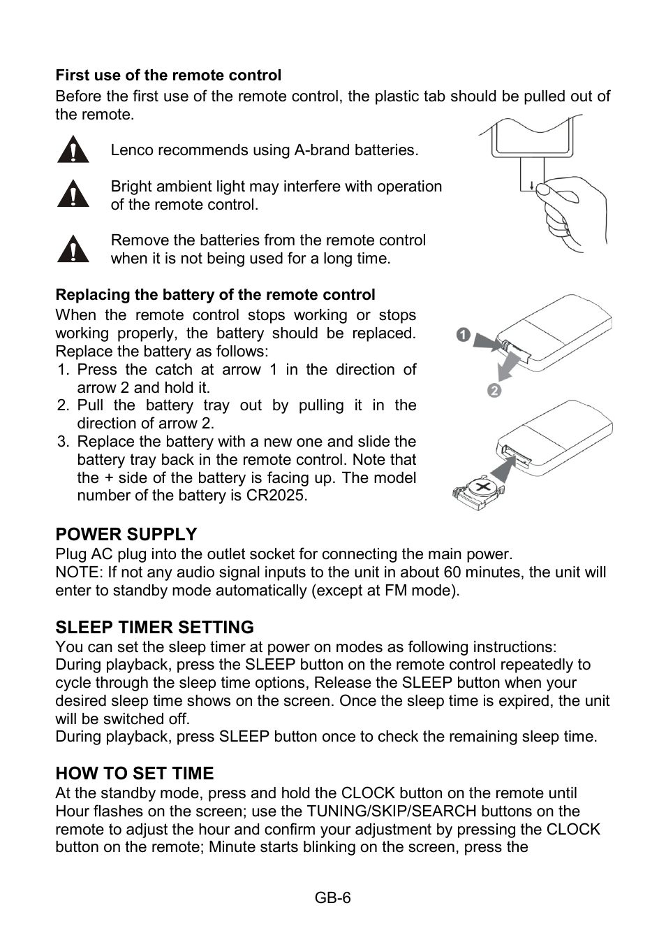 First use of the remote control, Replacing the battery of the remote control, Power supply | Sleep timer setting, How to set time, Power supply sleep timer setting how to set time | Lenco SB-210BT User Manual | Page 6 / 16