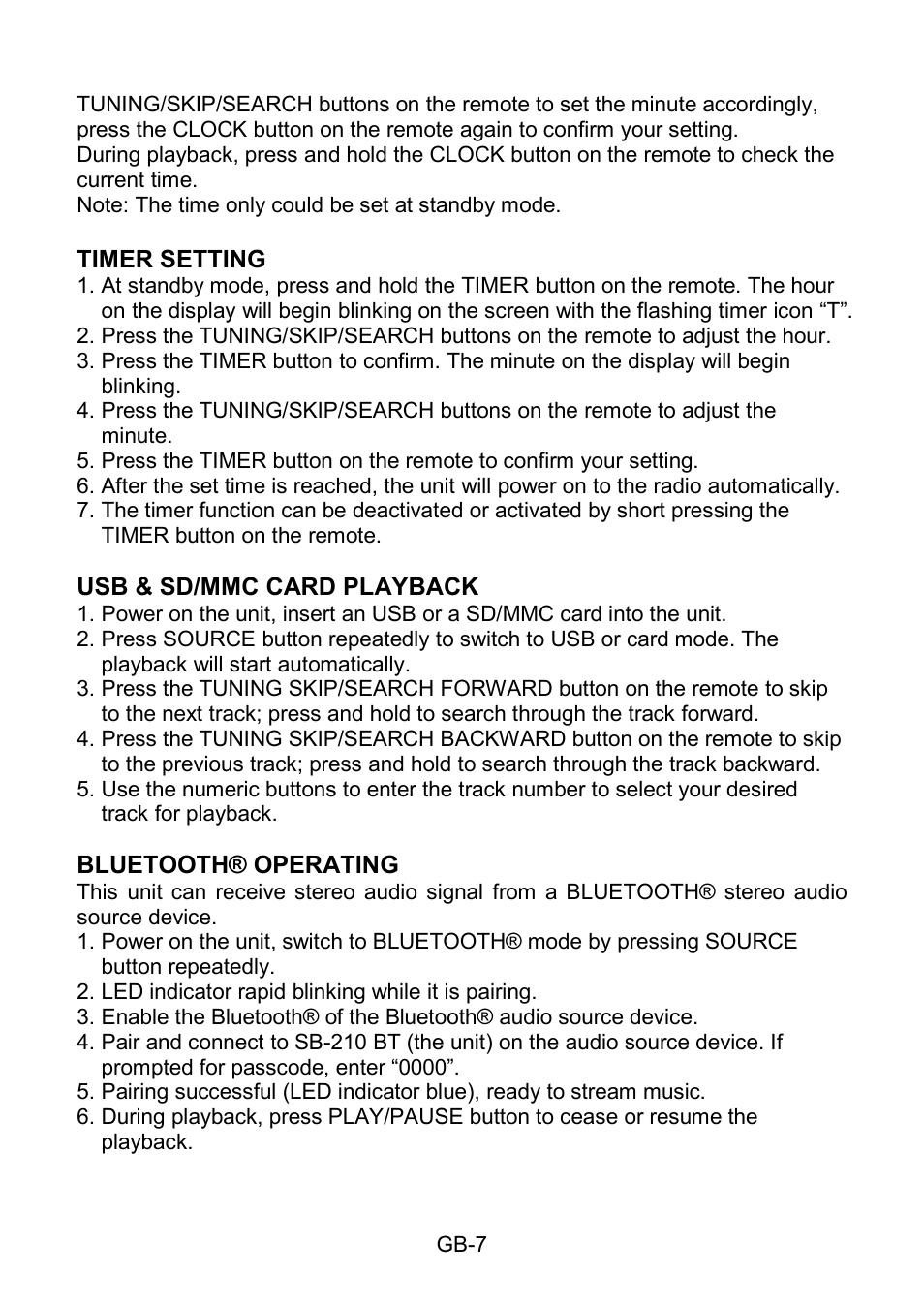 Timer setting, Usb & sd/mmc card playback, Bluetooth® operating | Lenco SB-210BT User Manual | Page 7 / 16