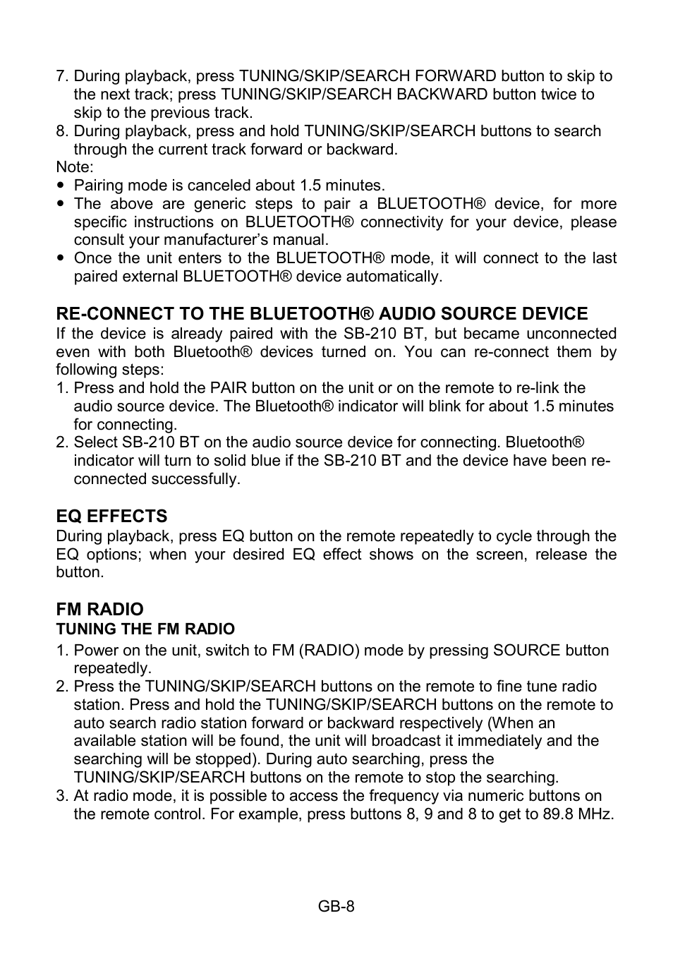 Re-connect to the bluetooth® audio source device, Eq effects, Fm radio | Tuning the fm radio | Lenco SB-210BT User Manual | Page 8 / 16