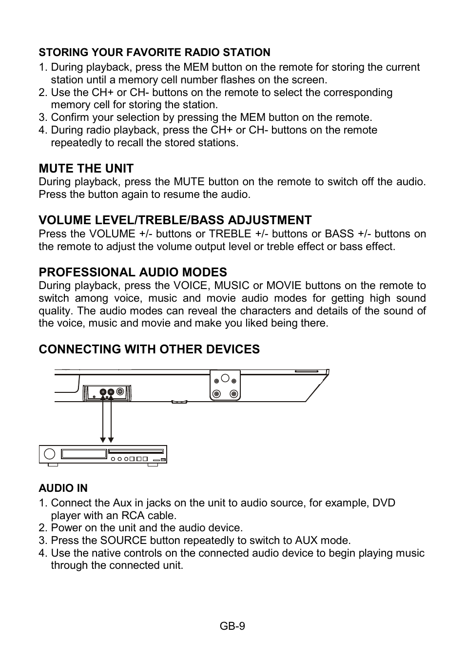 Storing your favorite radio station, Mute the unit, Volume level/treble/bass adjustment | Professional audio modes, Connecting with other devices, Audio in | Lenco SB-210BT User Manual | Page 9 / 16