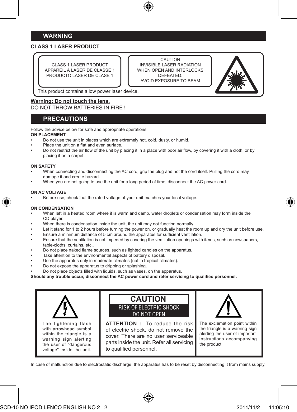 Aution, Wa�ning, E�aution | Lenco SCD-10 User Manual | Page 2 / 9