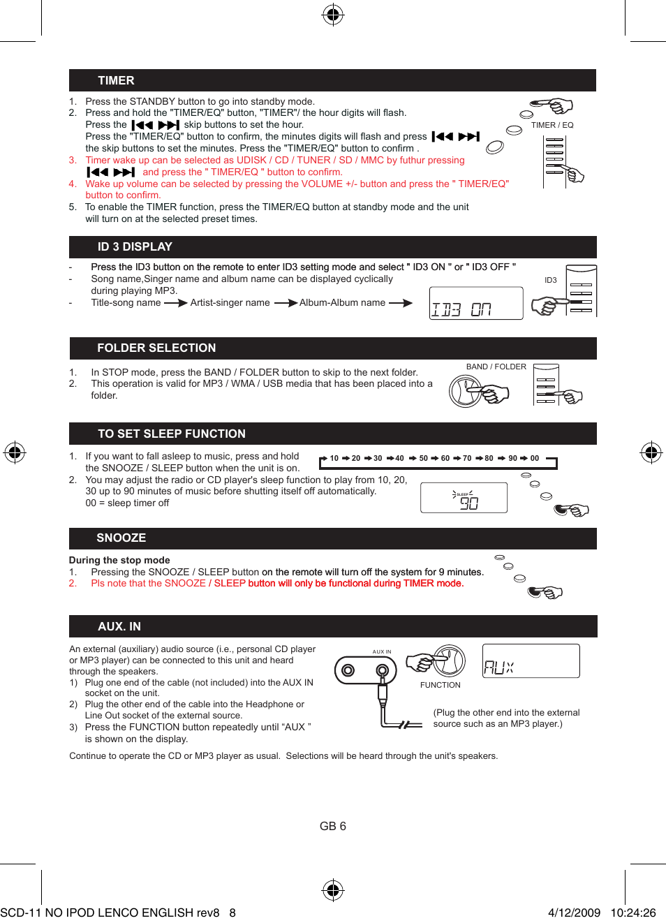 Fol��e� �ele�tion, Aux. in, Gb 6 | Nooze, Time� i�� 3 ��i��lay | Lenco SCD-11 User Manual | Page 8 / 10