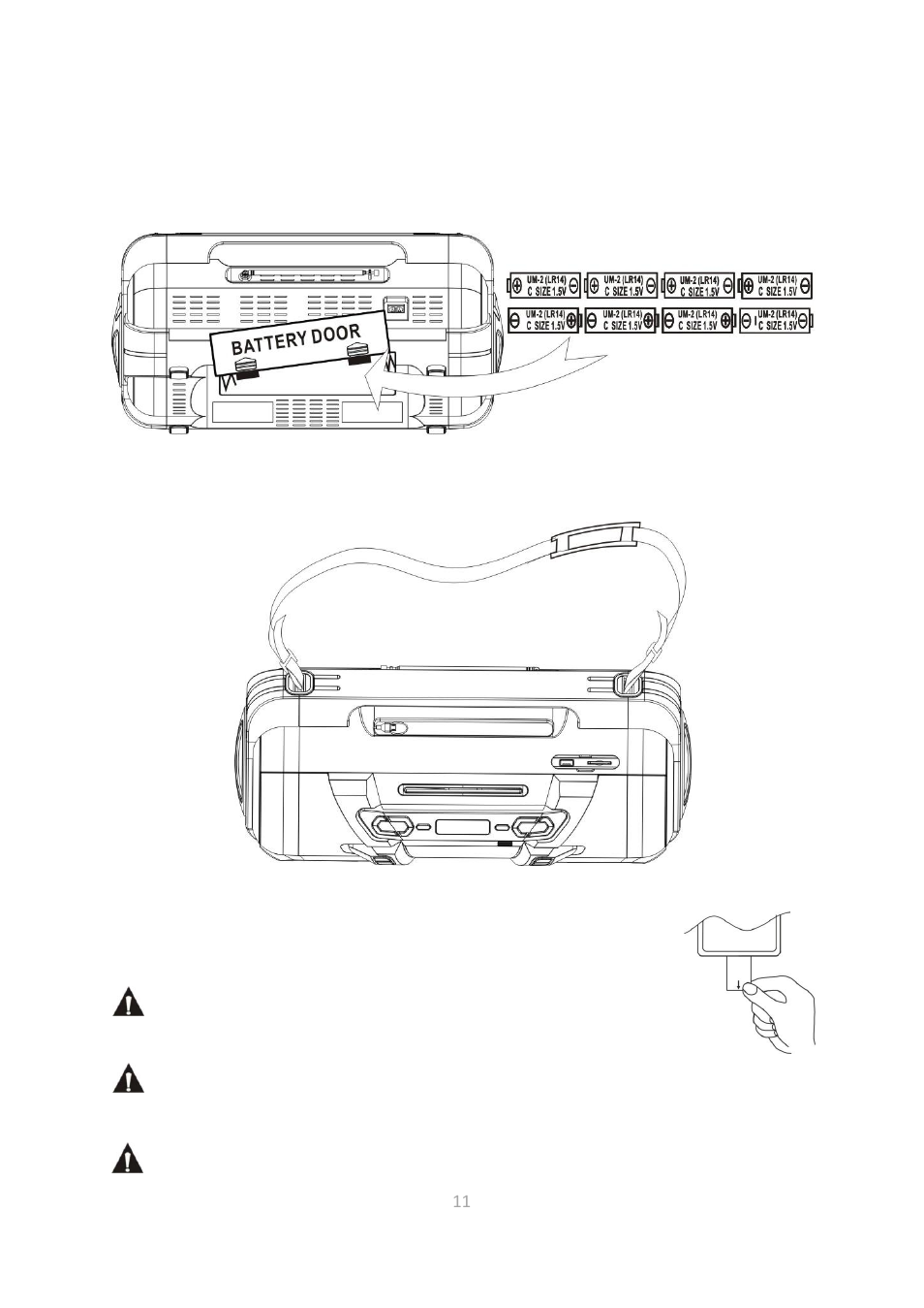 Using the device on batteries, Attaching the shoulder strap, First use of the remote control | Lenco SCD-2000 BT User Manual | Page 11 / 28