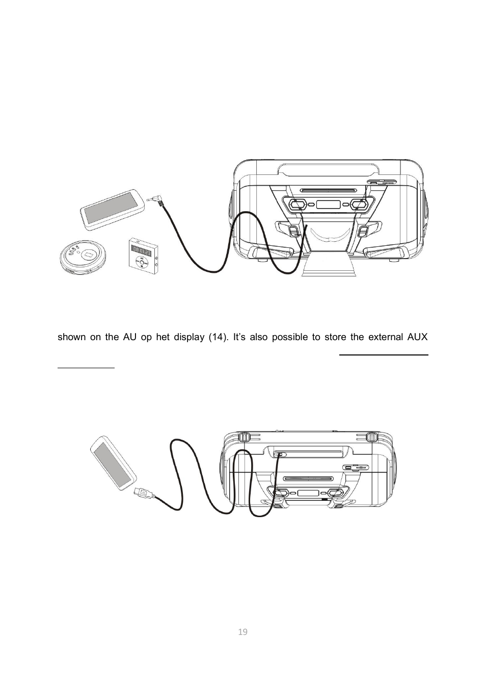 Connections, Connecting a device through the aux input, Charging a device through the built-in usb charger | Lenco SCD-2000 BT User Manual | Page 19 / 28