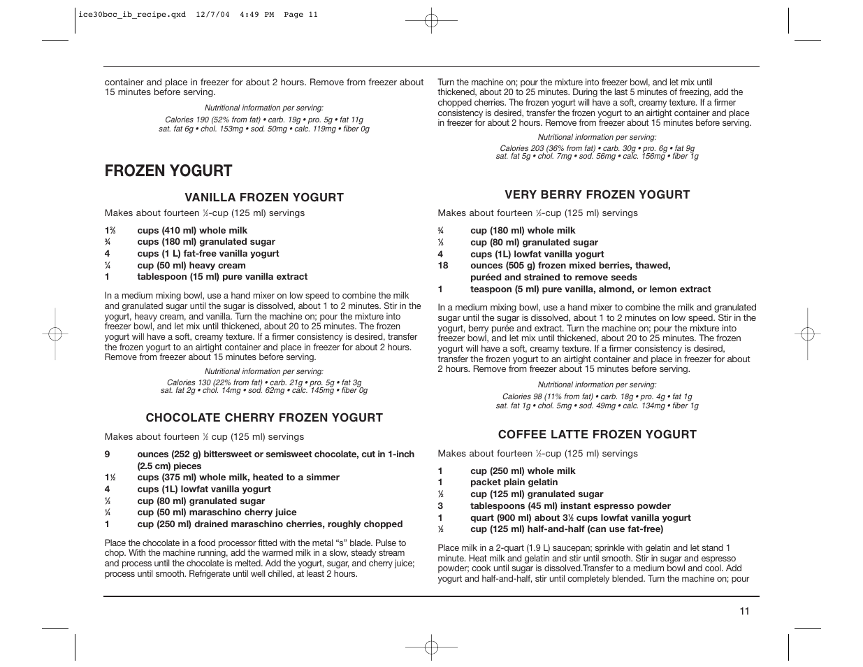 Frozen yogurt | Cuisinart ICE-30BCC User Manual | Page 11 / 15