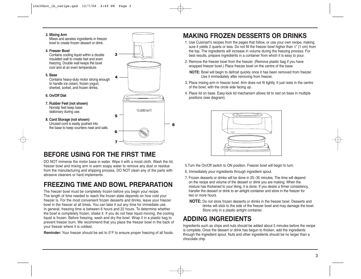 Before using for the first time, Freezing time and bowl preparation, Making frozen desserts or drinks | Adding ingredients | Cuisinart ICE-30BCC User Manual | Page 3 / 15