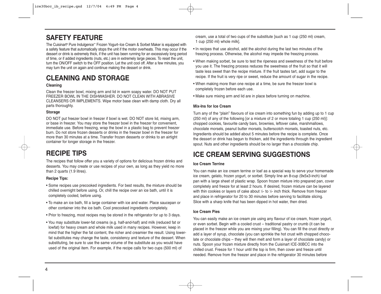 Safety feature, Cleaning and storage, Recipe tips | Ice cream serving suggestions | Cuisinart ICE-30BCC User Manual | Page 4 / 15