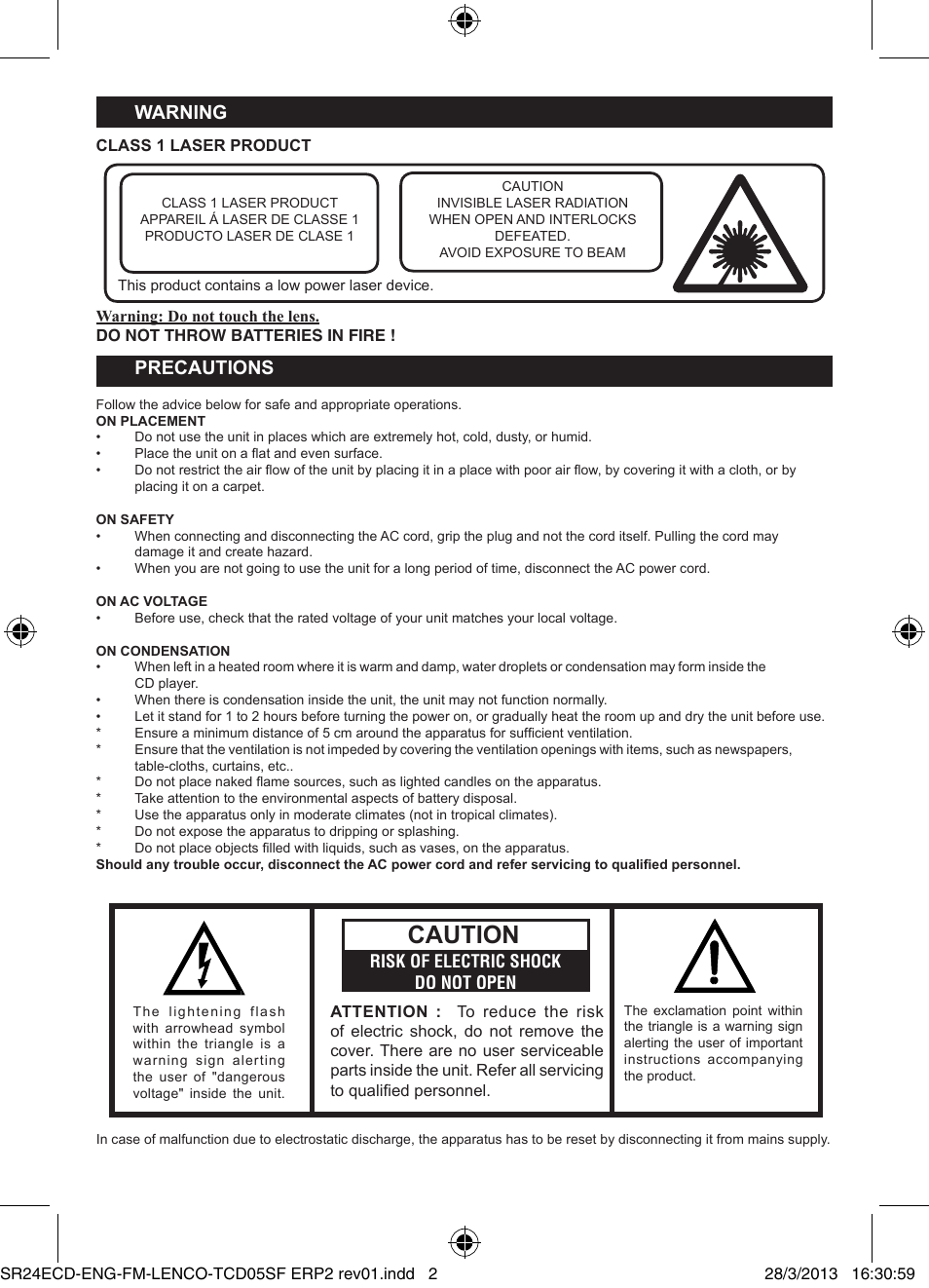 Caution, Warning, Precautions | Lenco SCD-24 User Manual | Page 2 / 8