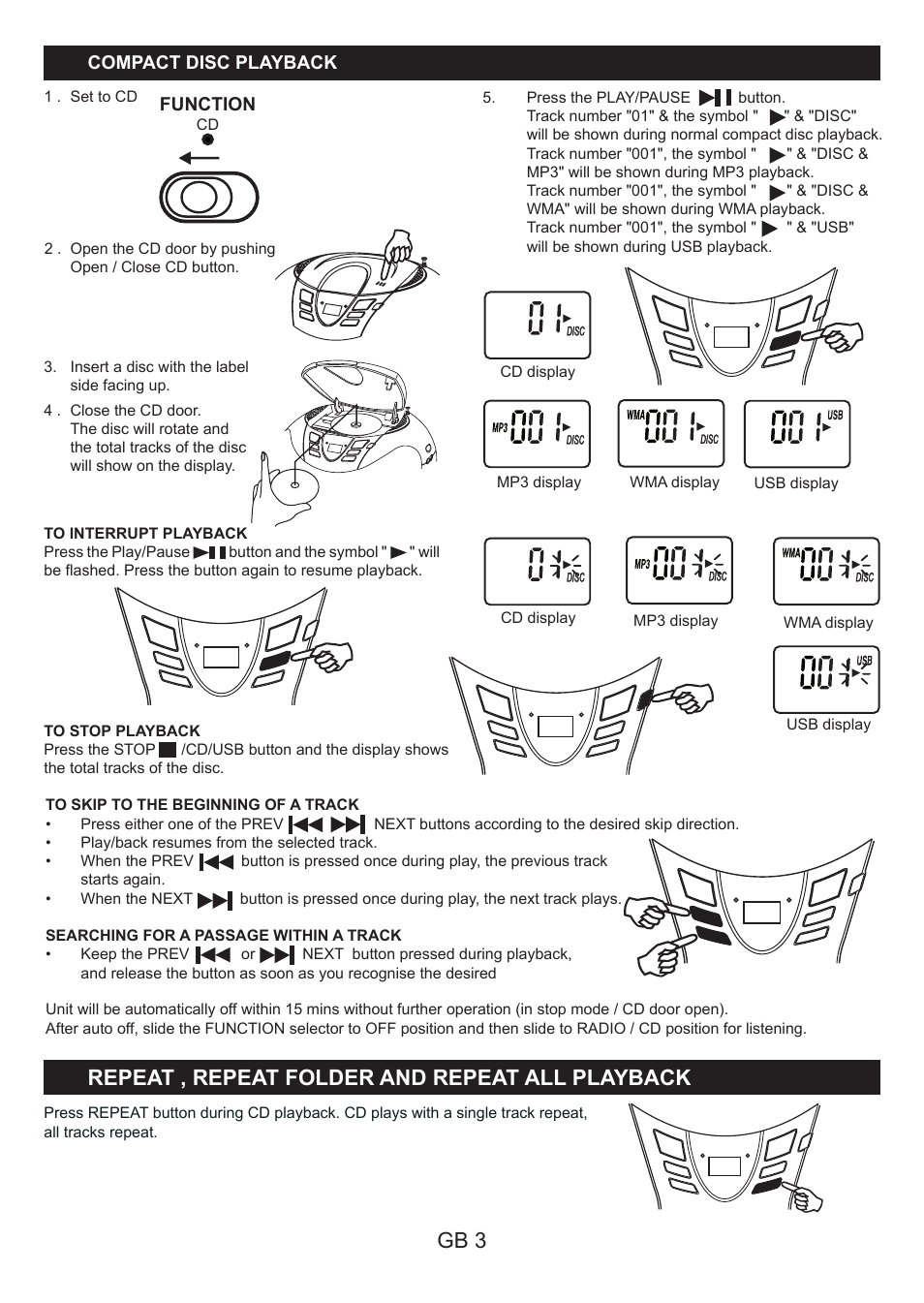 Gb 3, Repeat , repeat folder and repeat all playback | Lenco SCD-37 USB User Manual | Page 5 / 8