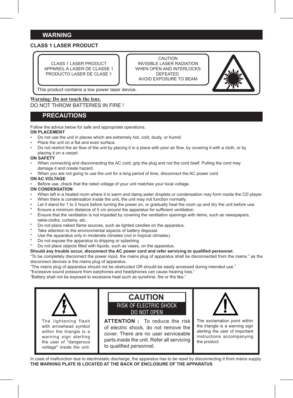 Caution, Warning, Precautions | Lenco SCD-38 USB User Manual | Page 2 / 8