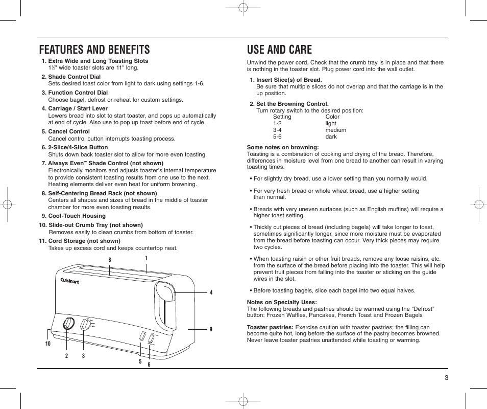 Features and benefits, Use and care | Cuisinart CPT-65M User Manual | Page 3 / 9