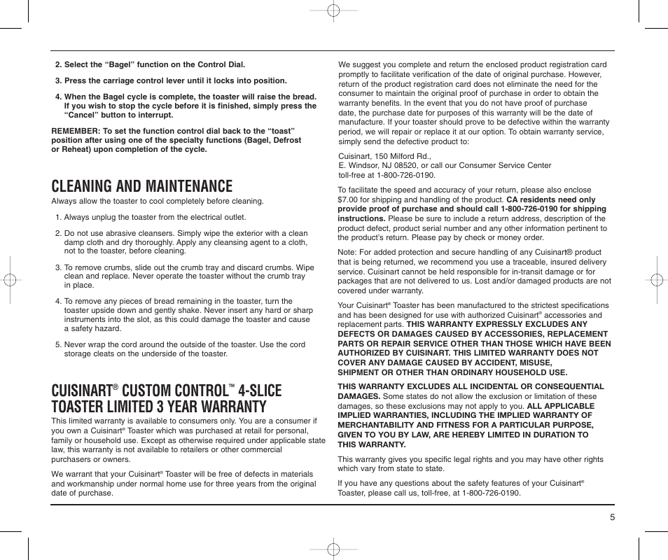 Cleaning and maintenance, Cuisinart, Custom control | Slice toaster limited 3 year warranty | Cuisinart CPT-65M User Manual | Page 5 / 9