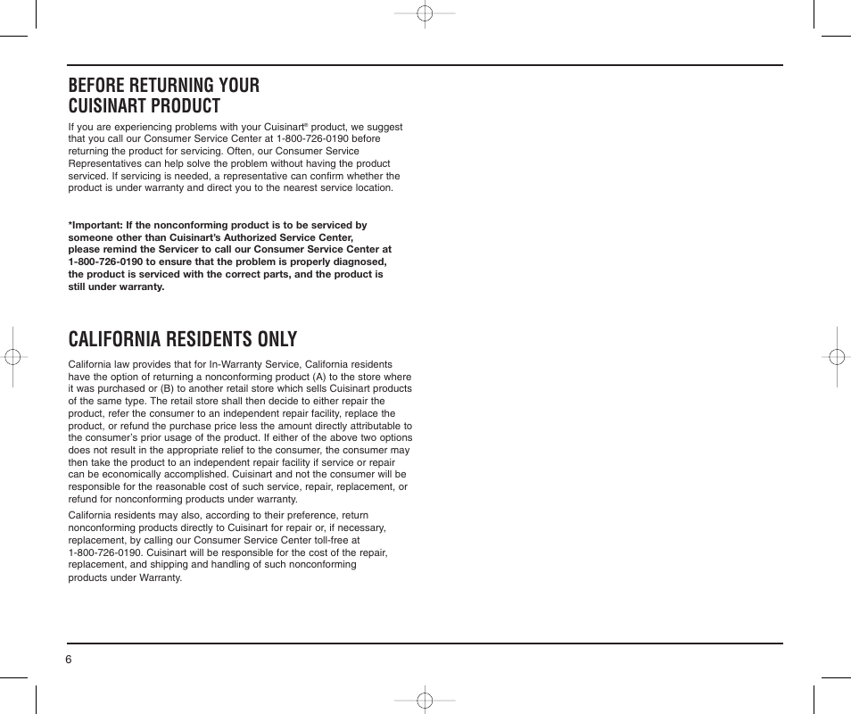 California residents only, Before returning your cuisinart product | Cuisinart CPT-65M User Manual | Page 6 / 9