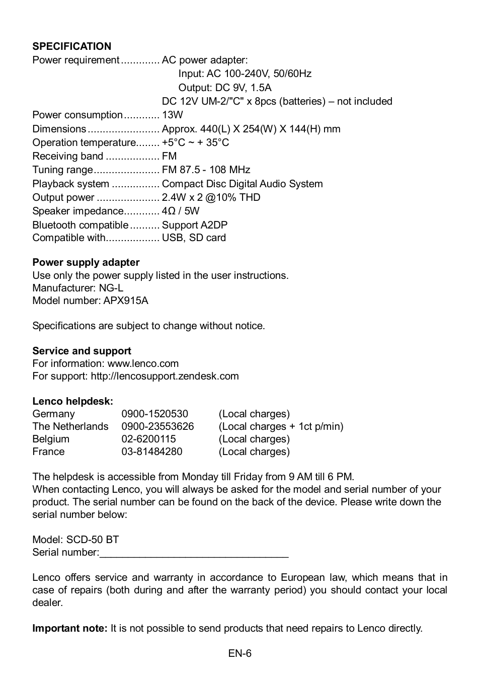 Lenco SCD-50BT User Manual | Page 7 / 44