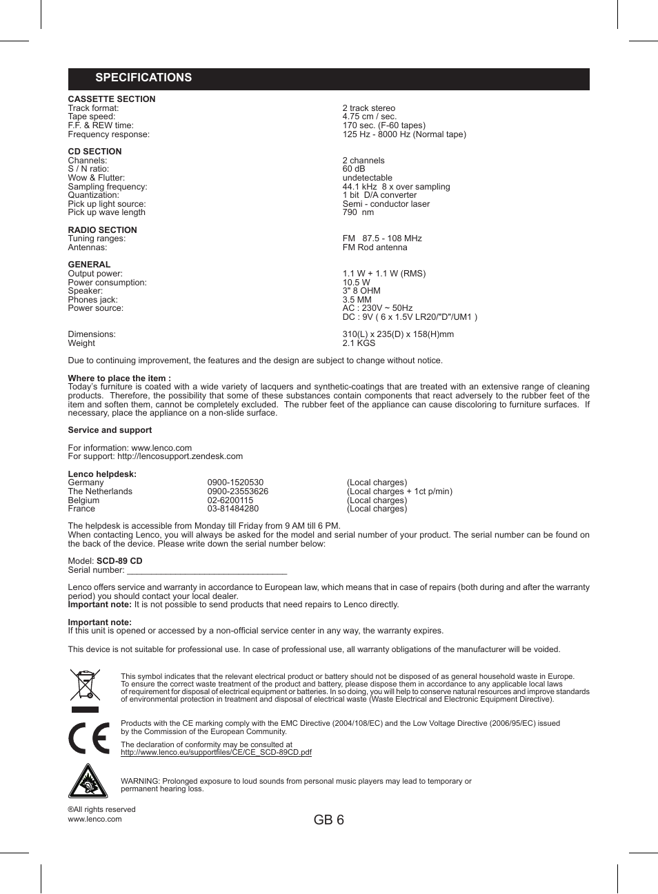 Gb 6, Specifications | Lenco SCD-89 CD User Manual | Page 8 / 8