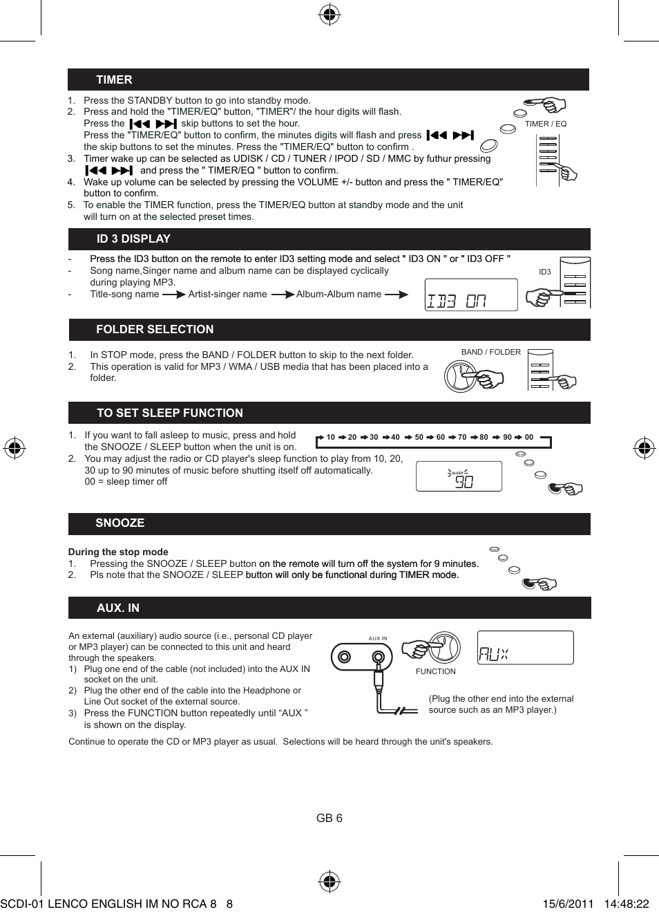 Fol��e� �ele�tion, Aux. in, Gb 6 | Nooze, I�� 3 ��i��lay, Time | Lenco SCDi-01 User Manual | Page 8 / 10