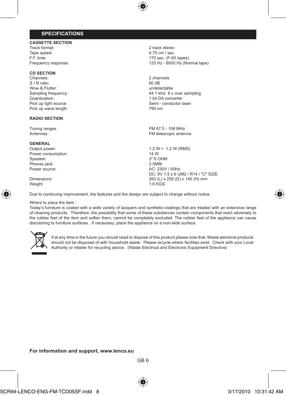 Lenco SCR-94 User Manual | Page 8 / 8