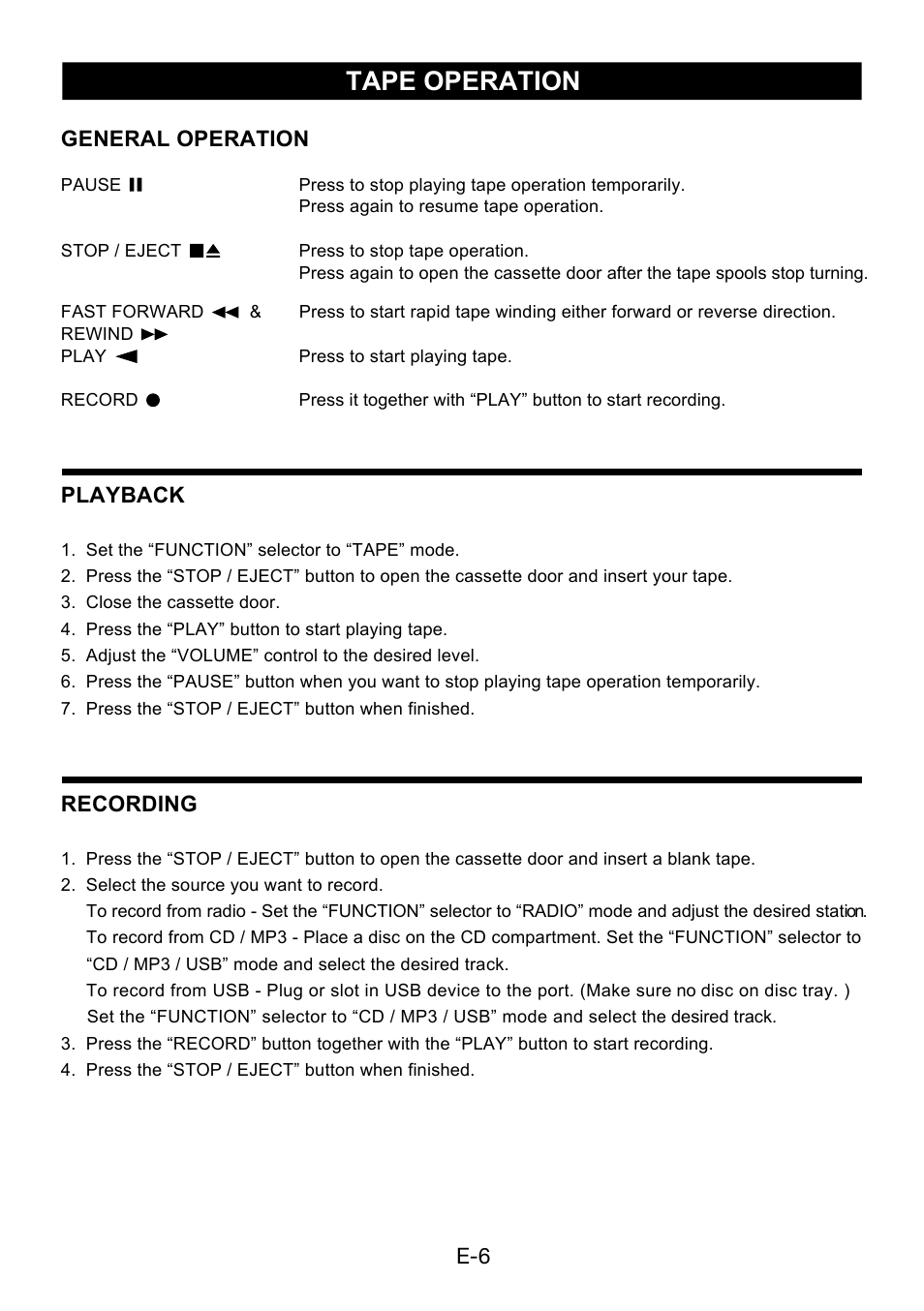 Tape operation | Lenco SCR-96 User Manual | Page 7 / 63